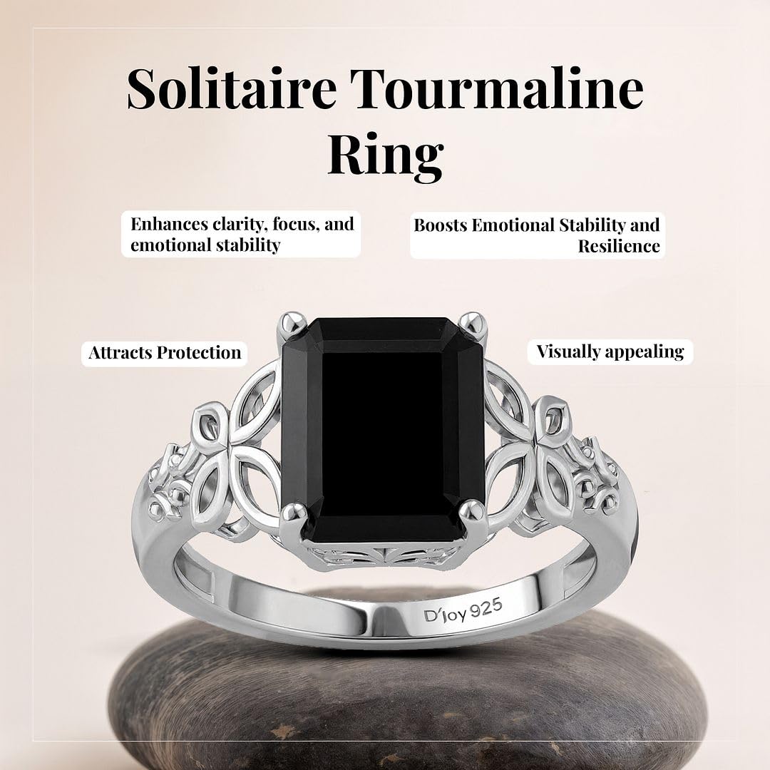 Black Tourmaline Ring in 925 Sterling Silver - October Birthstone Rings for Women - Engagement Promise Floral Statement Vintage Solitaire Tourmaline Jewelry Christmas Gifts for Womens - Image 3