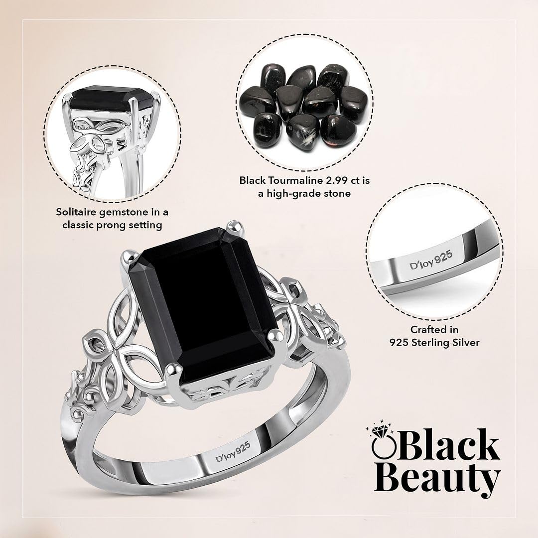 Black Tourmaline Ring in 925 Sterling Silver - October Birthstone Rings for Women - Engagement Promise Floral Statement Vintage Solitaire Tourmaline Jewelry Christmas Gifts for Womens - Image 4