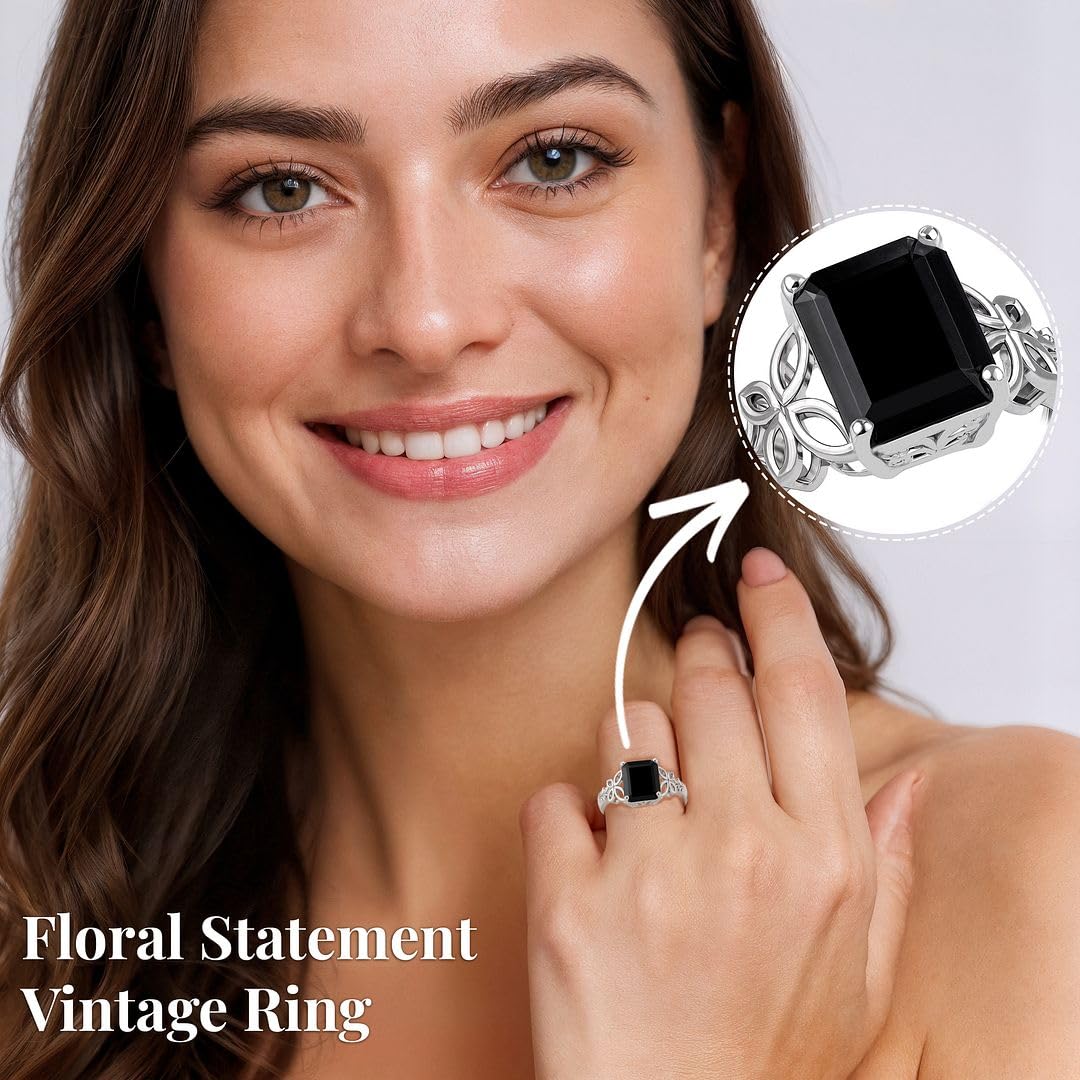 Black Tourmaline Ring in 925 Sterling Silver - October Birthstone Rings for Women - Engagement Promise Floral Statement Vintage Solitaire Tourmaline Jewelry Christmas Gifts for Womens - Image 5
