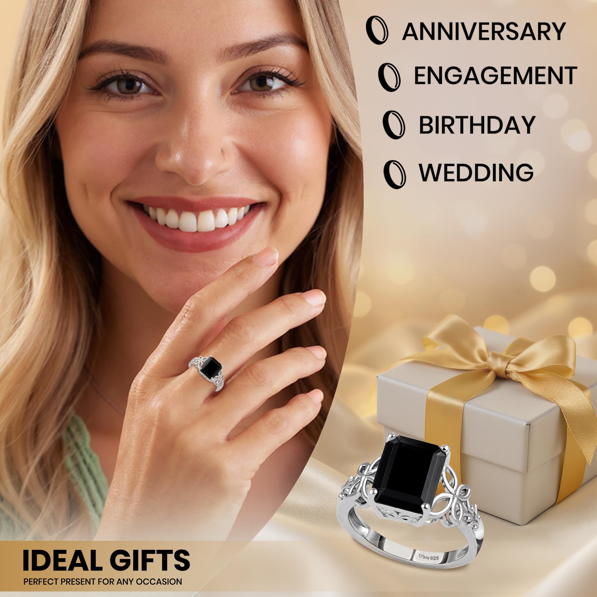 Black Tourmaline Ring in 925 Sterling Silver - October Birthstone Rings for Women - Engagement Promise Floral Statement Vintage Solitaire Tourmaline Jewelry Christmas Gifts for Womens - Image 7