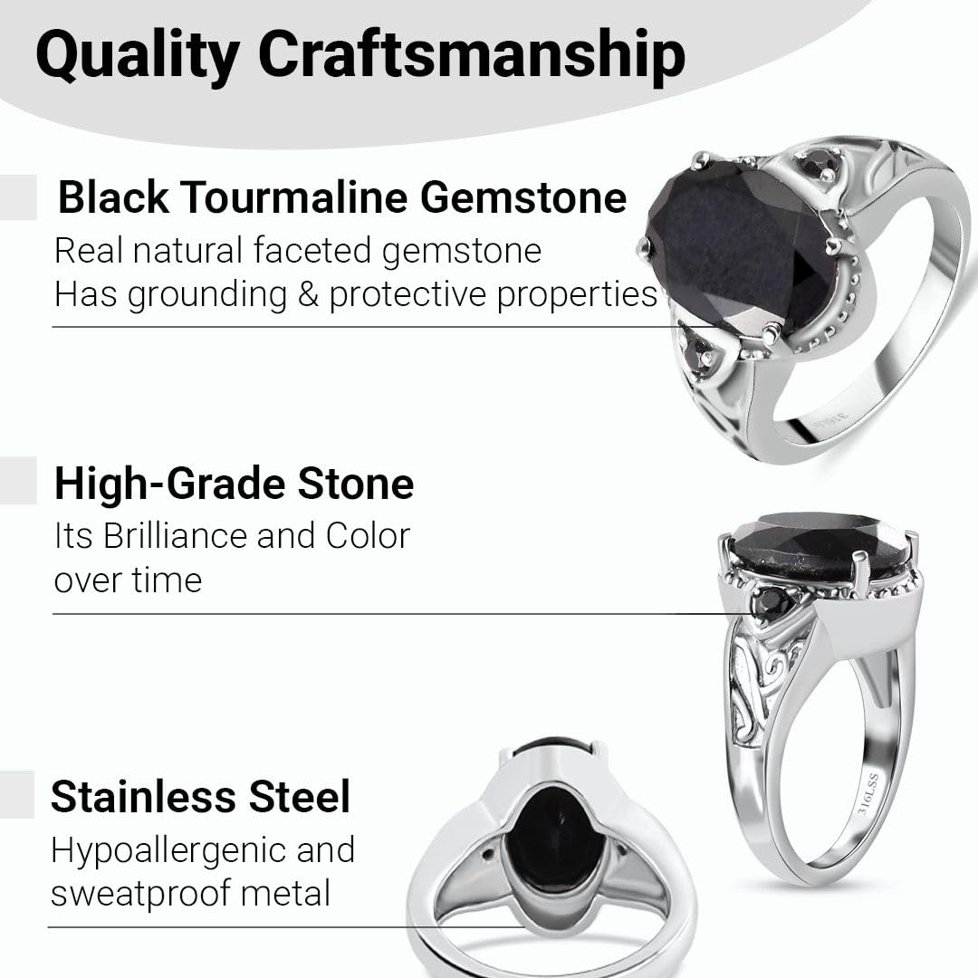 Black Tourmaline Ring Spinel - Birthstone Rings for Women - Engagement Promise Statement Vintage Stainless Steel Tourmaline Jewelry Birthday Christmas Gifts for Womens - Image 4