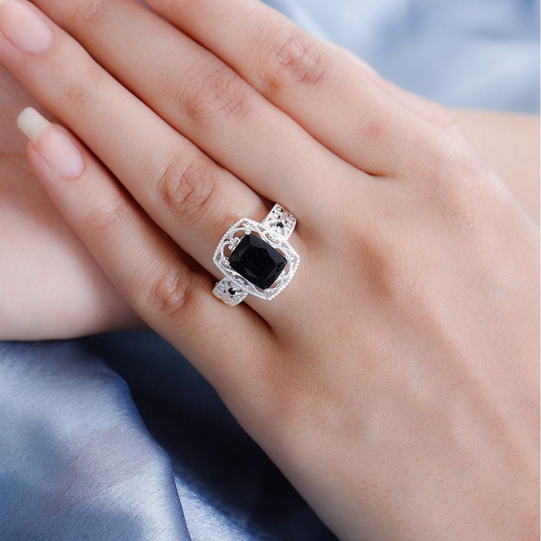 Black Tourmaline Rings - Birthstone Rings for Women - Engagement Promise Ring for Her Statement Vintage Stainless Steel Tourmaline Jewelry Gifts for Womens - Image 2