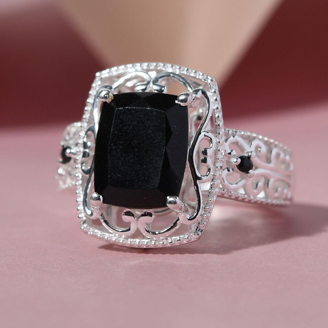 Black Tourmaline Rings - Birthstone Rings for Women - Engagement Promise Ring for Her Statement Vintage Stainless Steel Tourmaline Jewelry Gifts for Womens - Image 3
