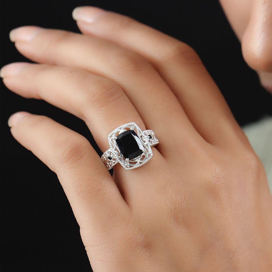 Black Tourmaline Rings - Birthstone Rings for Women - Engagement Promise Ring for Her Statement Vintage Stainless Steel Tourmaline Jewelry Gifts for Womens - Image 4