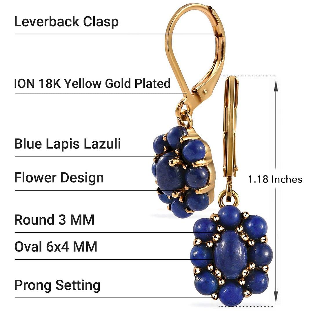 Blue Lapis Lazuli Flower Dangle Earrings for Women 18K Yellow Gold Plated Jewelry Ct 3.60 Birthday Christmas Gifts for Women - Image 4