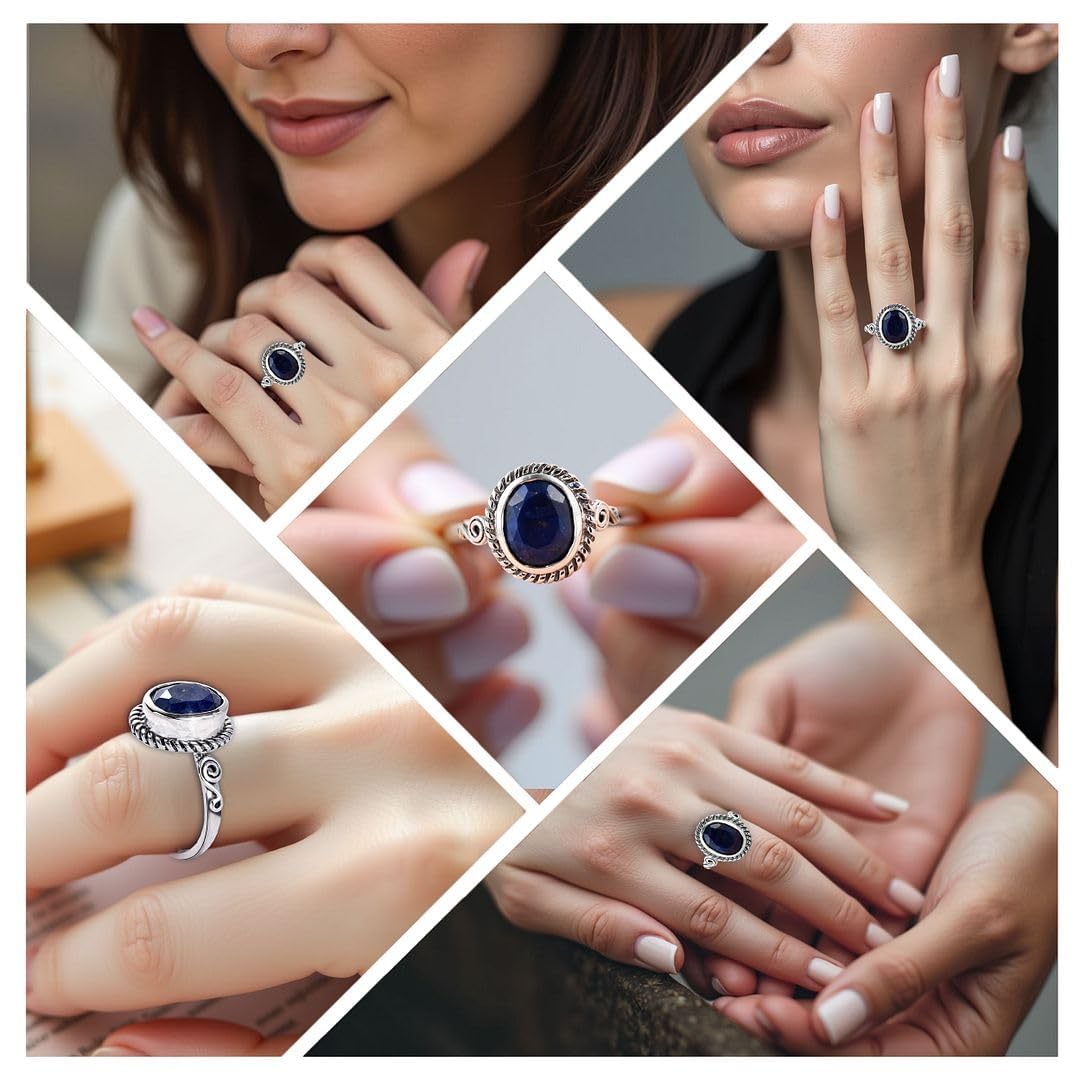 Blue Lapis Lazuli Ring - Birthstone Rings for Women in Stainless Steel - Statement Boho Beachy Promise Vintage Cute Gemstone Jewelry - Birthday Anniversary Engagement Christmas Gifts for Womens - Image 2