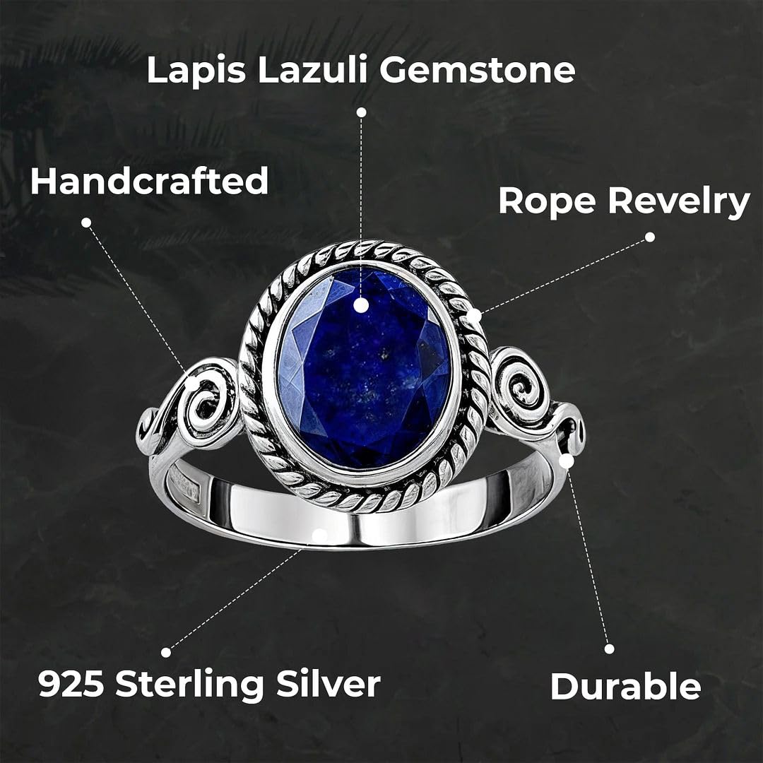Blue Lapis Lazuli Ring - Birthstone Rings for Women in Stainless Steel - Statement Boho Beachy Promise Vintage Cute Gemstone Jewelry - Birthday Anniversary Engagement Christmas Gifts for Womens - Image 3