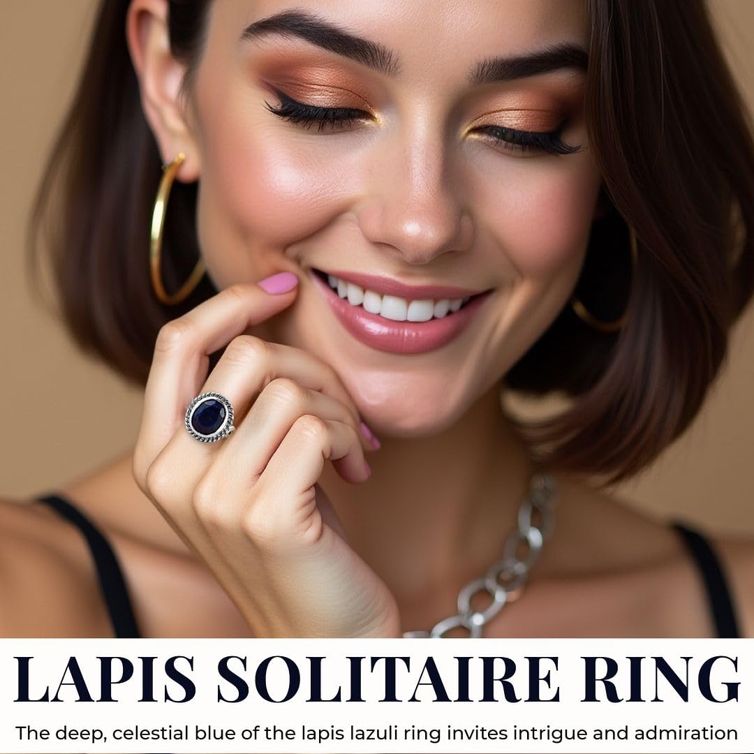 Blue Lapis Lazuli Ring - Birthstone Rings for Women in Stainless Steel - Statement Boho Beachy Promise Vintage Cute Gemstone Jewelry - Birthday Anniversary Engagement Christmas Gifts for Womens - Image 4