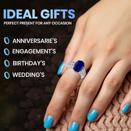 Blue Lapis Lazuli Rings - Birthstone Rings for Women in Stainless Steel Jewelry - Statement Promise Cute Wedding Gemstone Jewelry Her- Birthday Anniversary Engagement - Christmas Gifts for Womens - Image 6