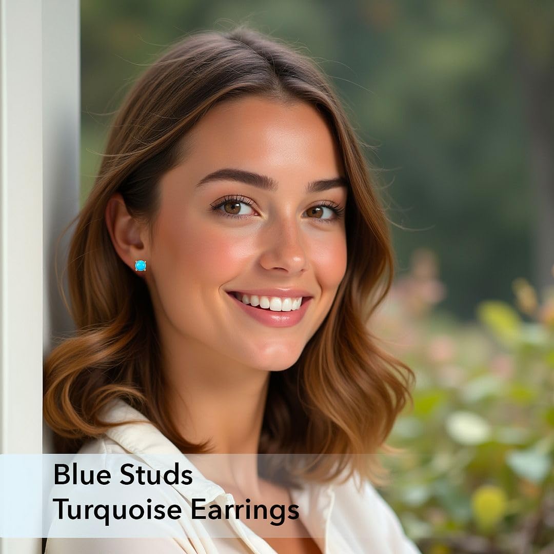 Blue Studs Turquoise Earrings for Women in 925 Sterling Silver with Platinum Plating - Beach Boho Western Earrings Turquoise Jewelry Birthday Christmas Gifts for Women - Image 5