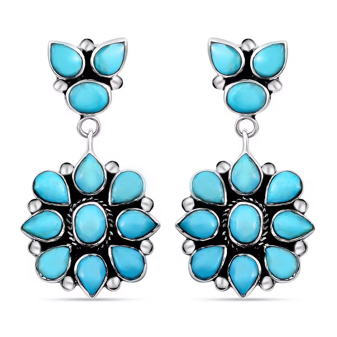 Blue Turquoise Earrings 925 Sterling Silver Western Turquoise Jewelry for Women - Cowgirl Dangle Drop Flower Boho Earrings Statement Gifts for Women