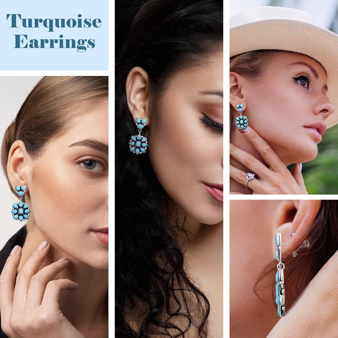Blue Turquoise Earrings 925 Sterling Silver Western Turquoise Jewelry for Women - Cowgirl Dangle Drop Flower Boho Earrings Statement Gifts for Women - Image 2
