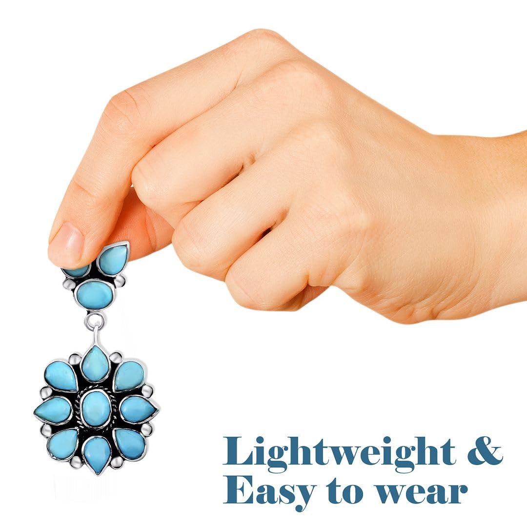 Blue Turquoise Earrings 925 Sterling Silver Western Turquoise Jewelry for Women - Cowgirl Dangle Drop Flower Boho Earrings Statement Gifts for Women - Image 5