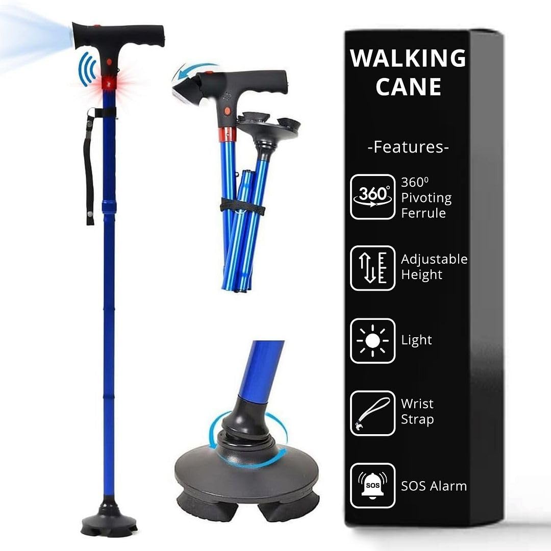 Blue Walking Canes for Women & Men - Foldable Quad Canes for Stability with Rotatable LED Front Light & SOS Alarm, Adjustable Height Walking Sticks for Seniors & Adults