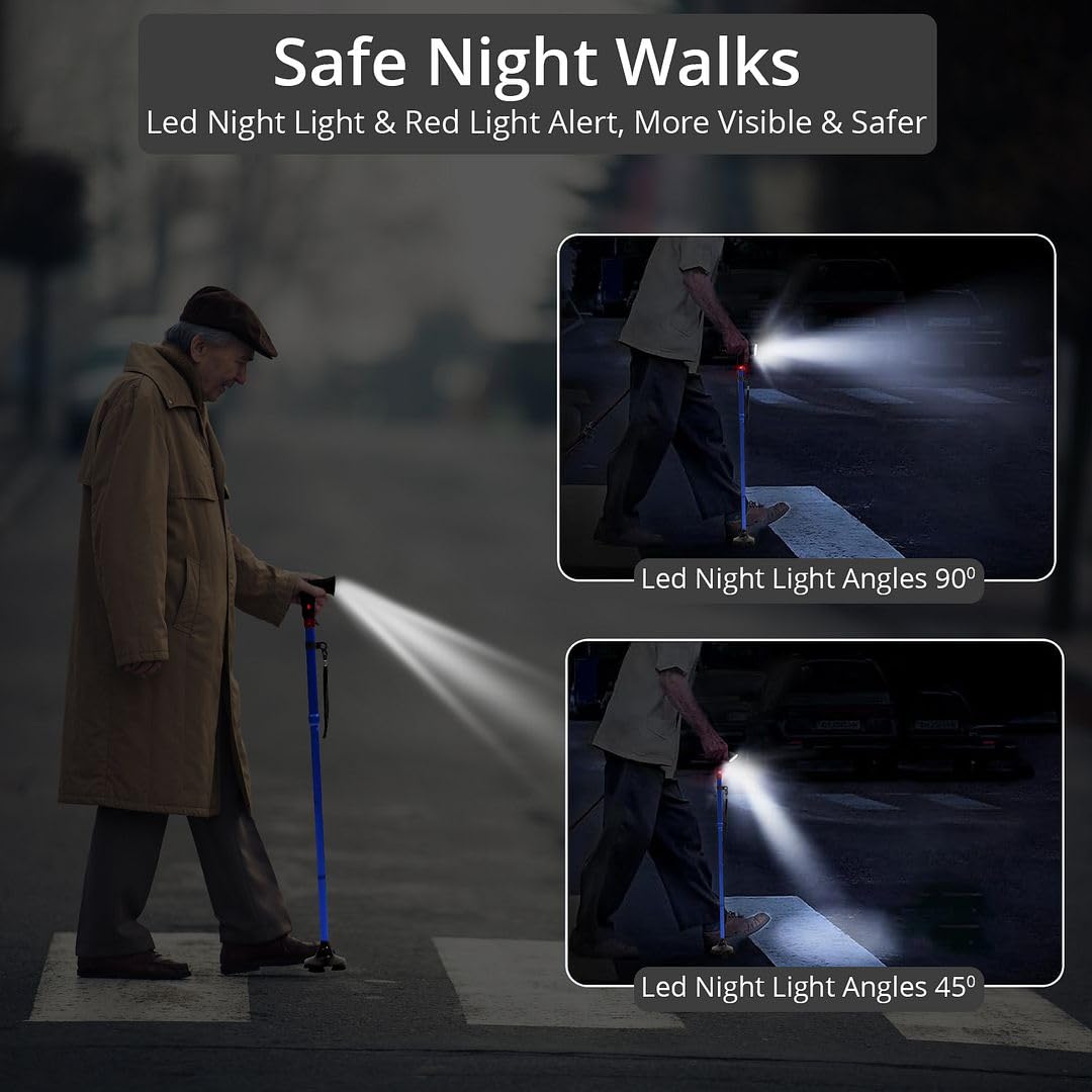 Blue Walking Canes for Women & Men - Foldable Quad Canes for Stability with Rotatable LED Front Light & SOS Alarm, Adjustable Height Walking Sticks for Seniors & Adults - Image 2