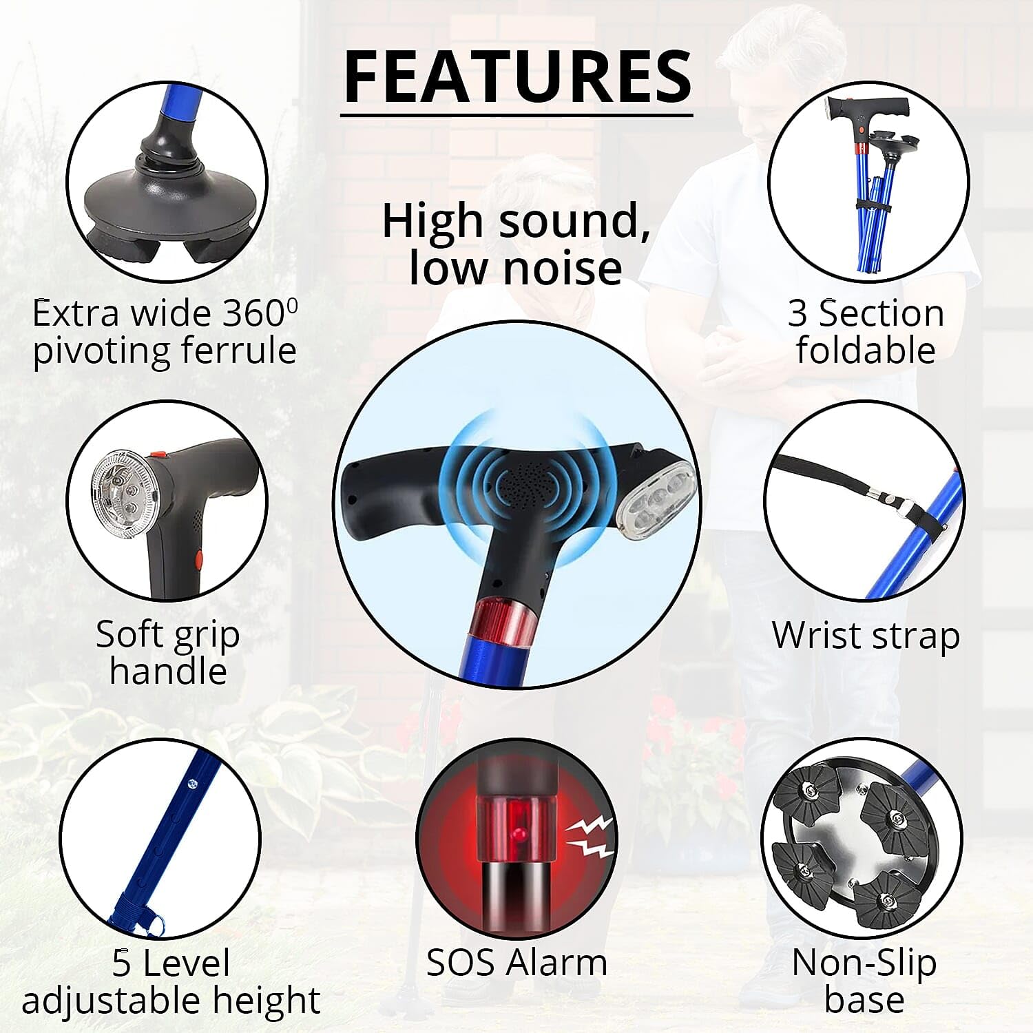 Blue Walking Canes for Women & Men - Foldable Quad Canes for Stability with Rotatable LED Front Light & SOS Alarm, Adjustable Height Walking Sticks for Seniors & Adults - Image 4