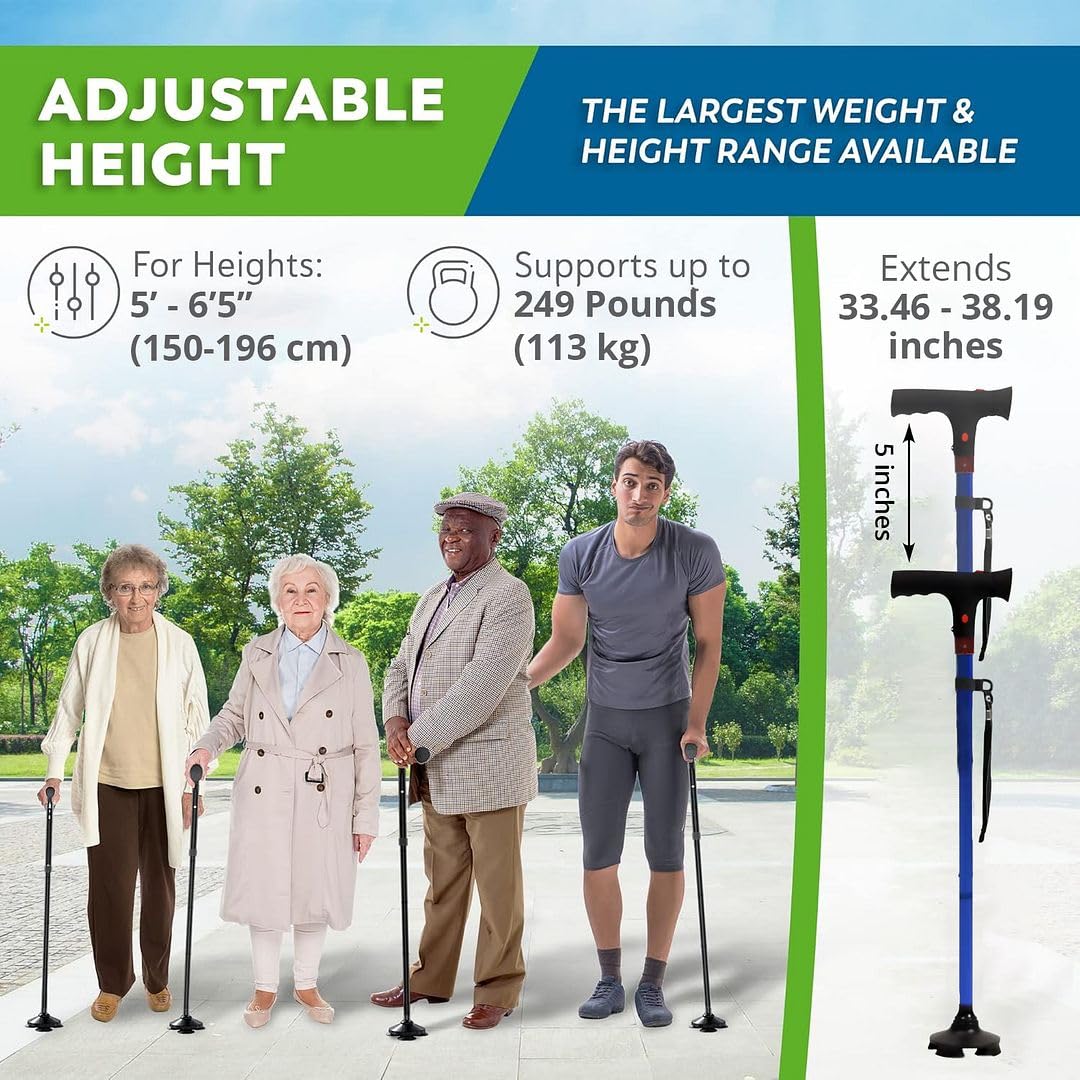 Blue Walking Canes for Women & Men - Foldable Quad Canes for Stability with Rotatable LED Front Light & SOS Alarm, Adjustable Height Walking Sticks for Seniors & Adults - Image 6