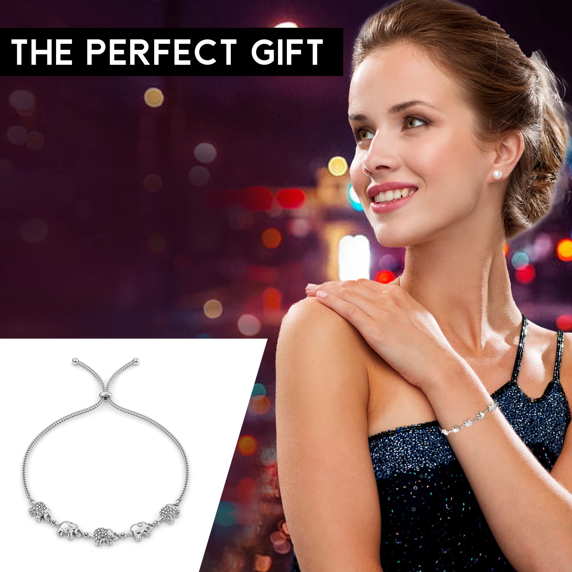 Charm Bracelet - Elephant, Dolphin & Dragonfly Bolo Bracelets for Women - Platinum Plated 925 Sterling Silver & Steel Adjustable Bracelet with Cubic Zirconia Crystals - 9.5" Christmas Gifts - Image 7