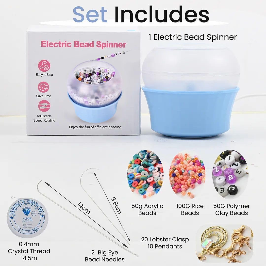 Clay Bead Spinner for Jewelry Making Necklace Bracelet Maker Machine - Electric Bead Spinner Kit with 2 Big Eye Needles & Accessories Friendship Unique Waist Beads Christmas Gifts - Blue - Image 2