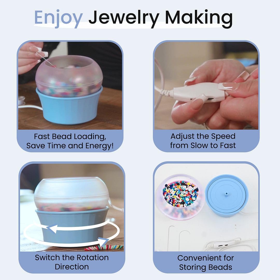 Clay Bead Spinner for Jewelry Making Necklace Bracelet Maker Machine - Electric Bead Spinner Kit with 2 Big Eye Needles & Accessories Friendship Unique Waist Beads Christmas Gifts - Blue - Image 3