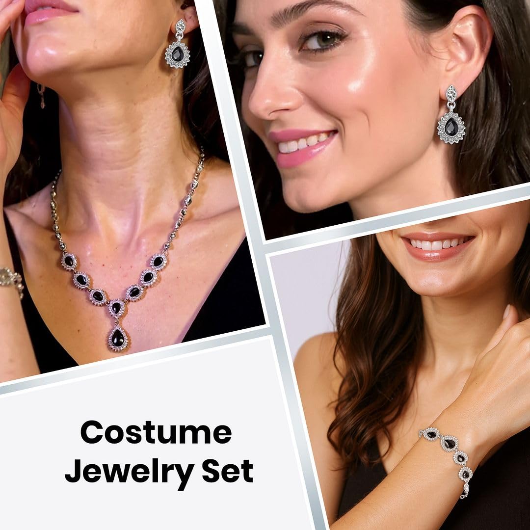 Costume Jewelry Set for Womens Teardrop Necklace - Bracelet Earrings Crystal Bridal Wedding Jewelry - Sets for Brides Bridal Necklace 20" & Bracelet 7.5'' Engagement, Birthday Christmas Gifts - Image 2