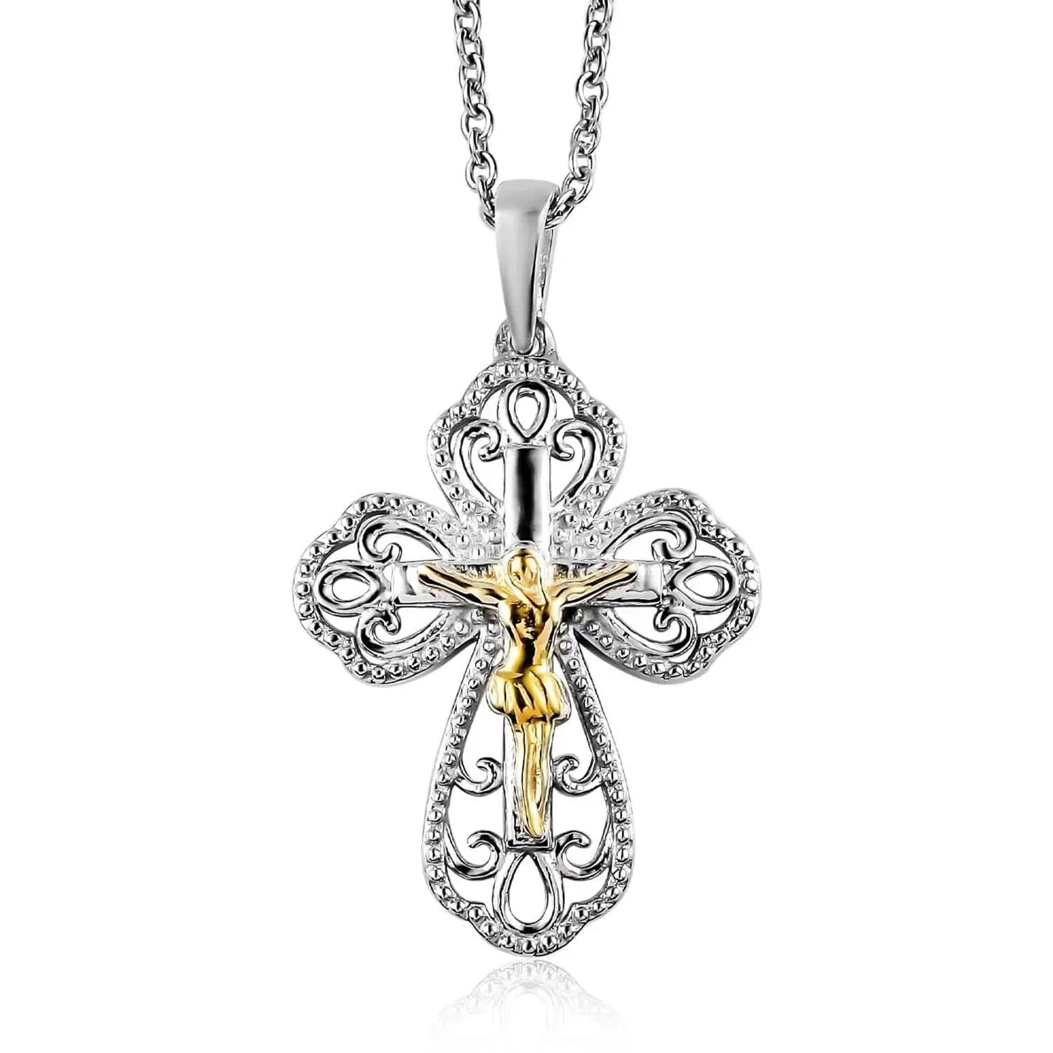 Crucifix Cross Dainty Chain Pendant Necklace 925 Sterling Silver Platinum Plated Stainless Steel 20" Costume Jewelry for Women Catholic Faith Christian Religious Birthday Christmas Gifts