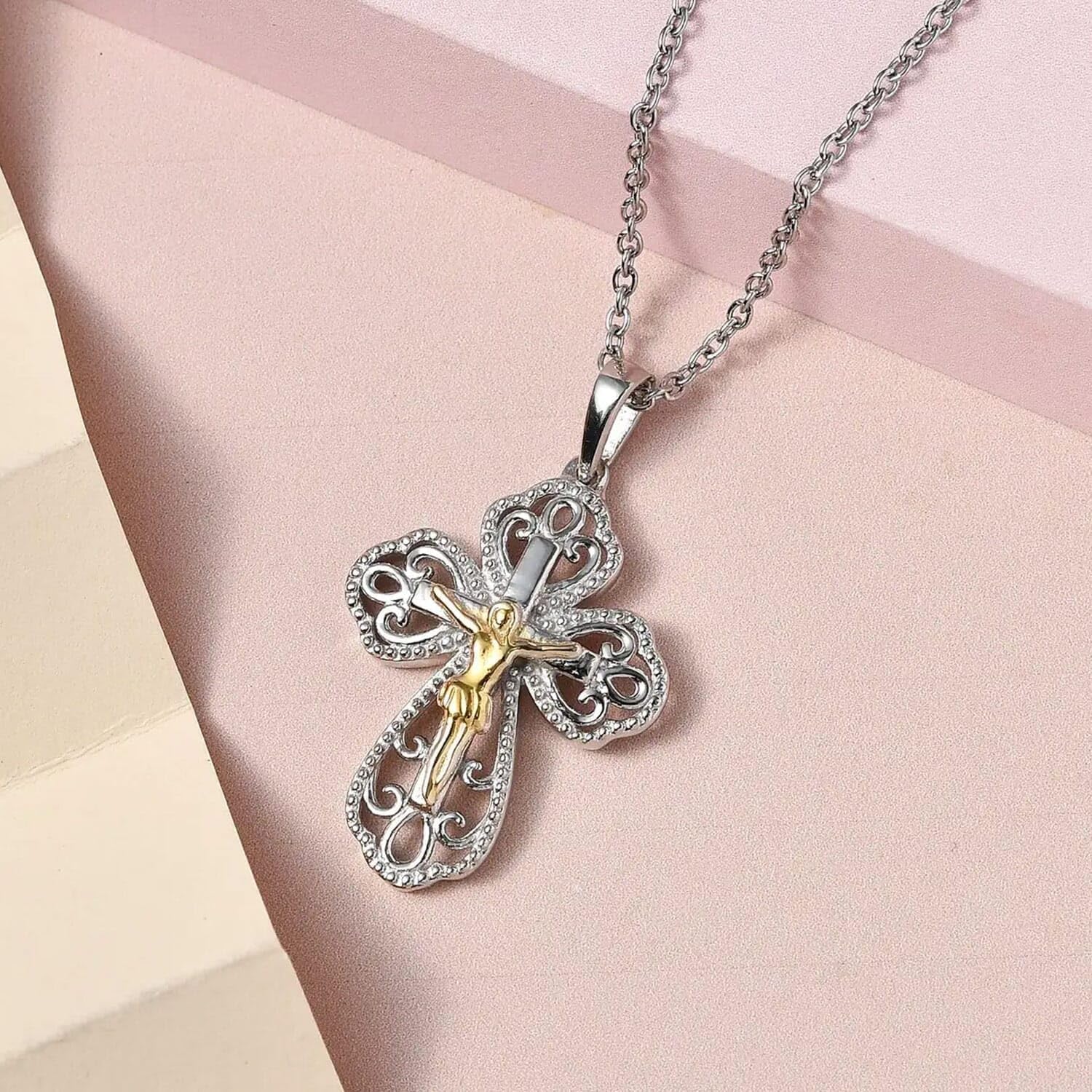 Crucifix Cross Dainty Chain Pendant Necklace 925 Sterling Silver Platinum Plated Stainless Steel 20" Costume Jewelry for Women Catholic Faith Christian Religious Birthday Christmas Gifts - Image 2