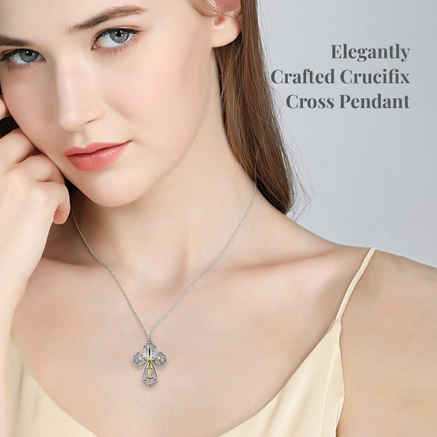 Crucifix Cross Dainty Chain Pendant Necklace 925 Sterling Silver Platinum Plated Stainless Steel 20" Costume Jewelry for Women Catholic Faith Christian Religious Birthday Christmas Gifts - Image 3