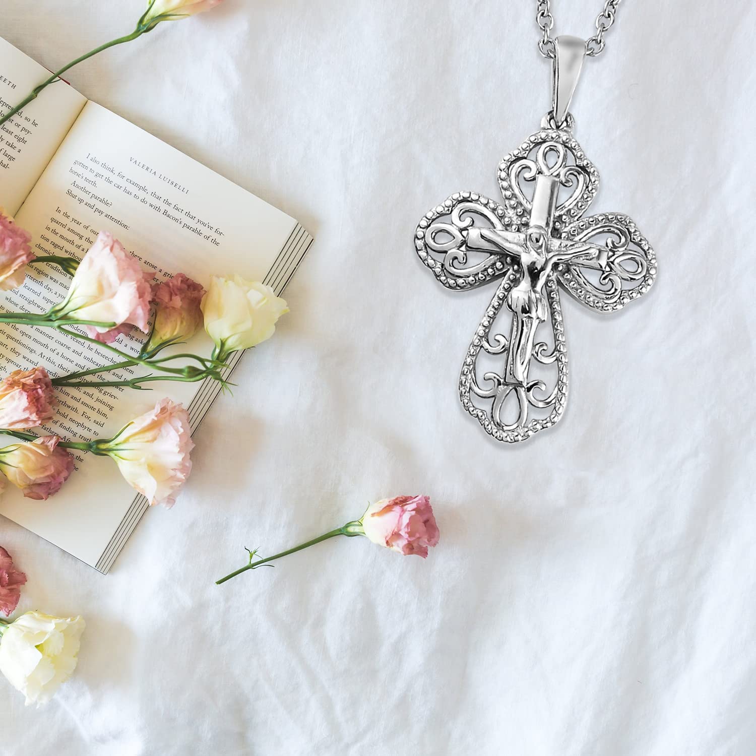 Crucifix Cross Dainty Chain Pendant Necklace 925 Sterling Silver Platinum Plated Stainless Steel 20" Costume Jewelry for Women Catholic Faith Christian Religious Birthday Christmas Gifts - Image 8