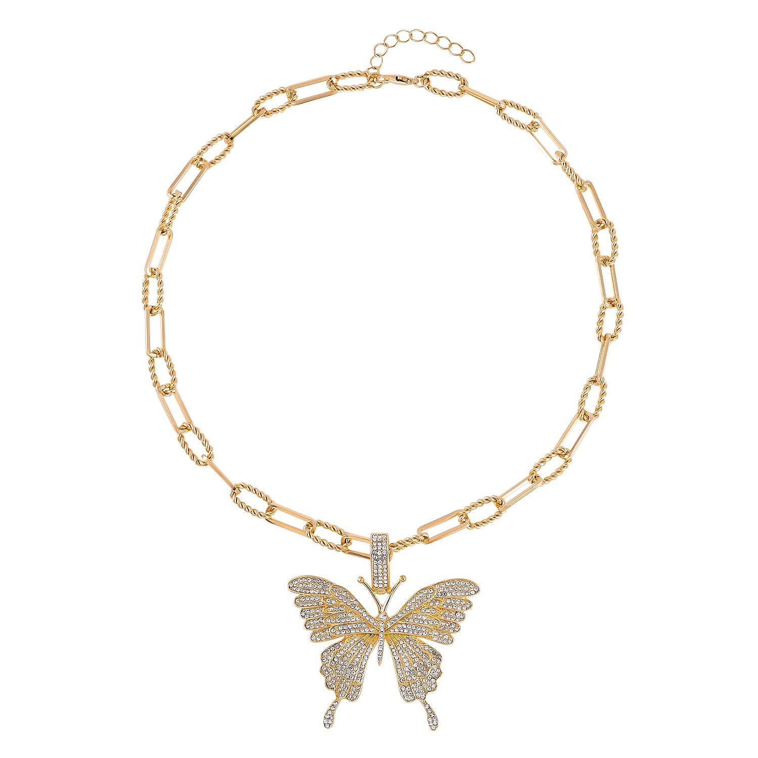 Crystal Butterfly Necklace 20 Inches with 2 Inch Extender in Rose/Silver/Goldtone - Butterfly Necklaces for Women Butterfly Jewelry Paperclip Chain Necklace Butterfly Christmas Gifts