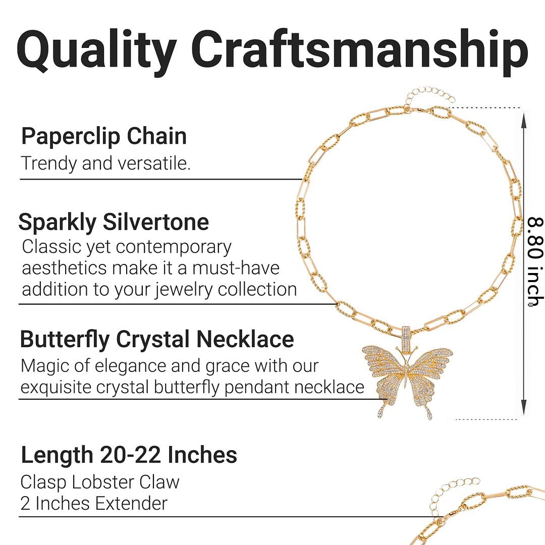 Crystal Butterfly Necklace 20 Inches with 2 Inch Extender in Rose/Silver/Goldtone - Butterfly Necklaces for Women Butterfly Jewelry Paperclip Chain Necklace Butterfly Christmas Gifts - Image 5