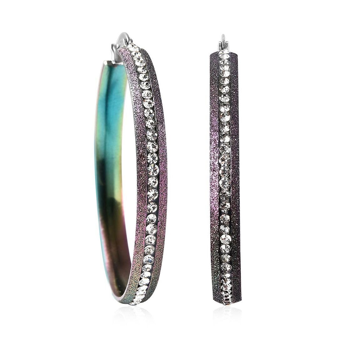 Crystal Pave Hoop Earrings - Ion Plated Stainless Steel Hoop Earrings for Women - Crystals in Black, Rainbow Shimmer & Textured Steel Bezel HoopsJewelry Birthday Christmas Gifts for Women