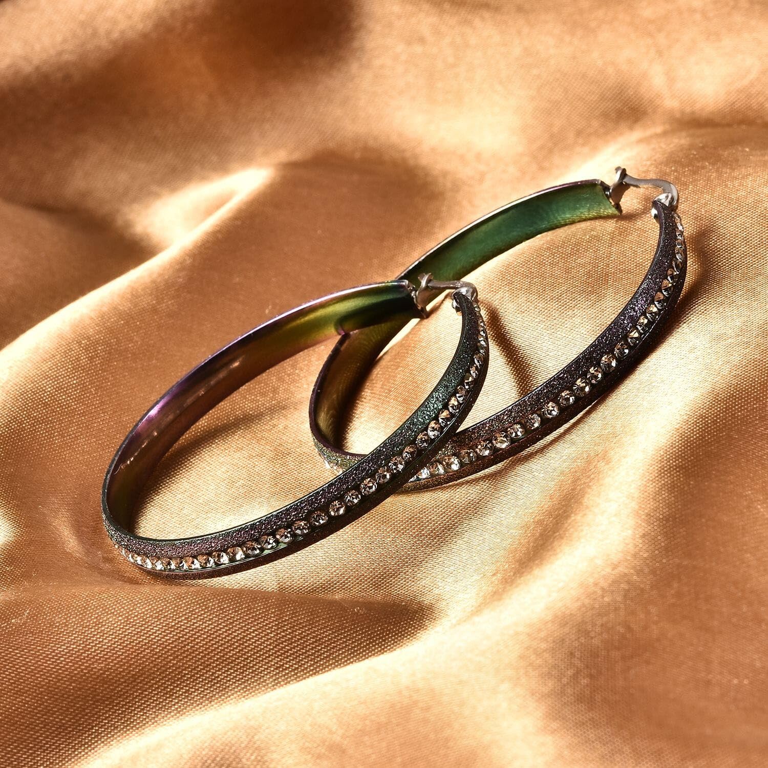 Crystal Pave Hoop Earrings - Ion Plated Stainless Steel Hoop Earrings for Women - Crystals in Black, Rainbow Shimmer & Textured Steel Bezel HoopsJewelry Birthday Christmas Gifts for Women - Image 2