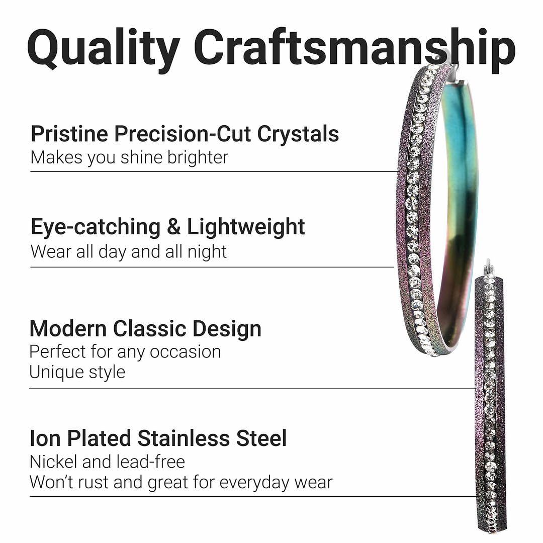 Crystal Pave Hoop Earrings - Ion Plated Stainless Steel Hoop Earrings for Women - Crystals in Black, Rainbow Shimmer & Textured Steel Bezel HoopsJewelry Birthday Christmas Gifts for Women - Image 3