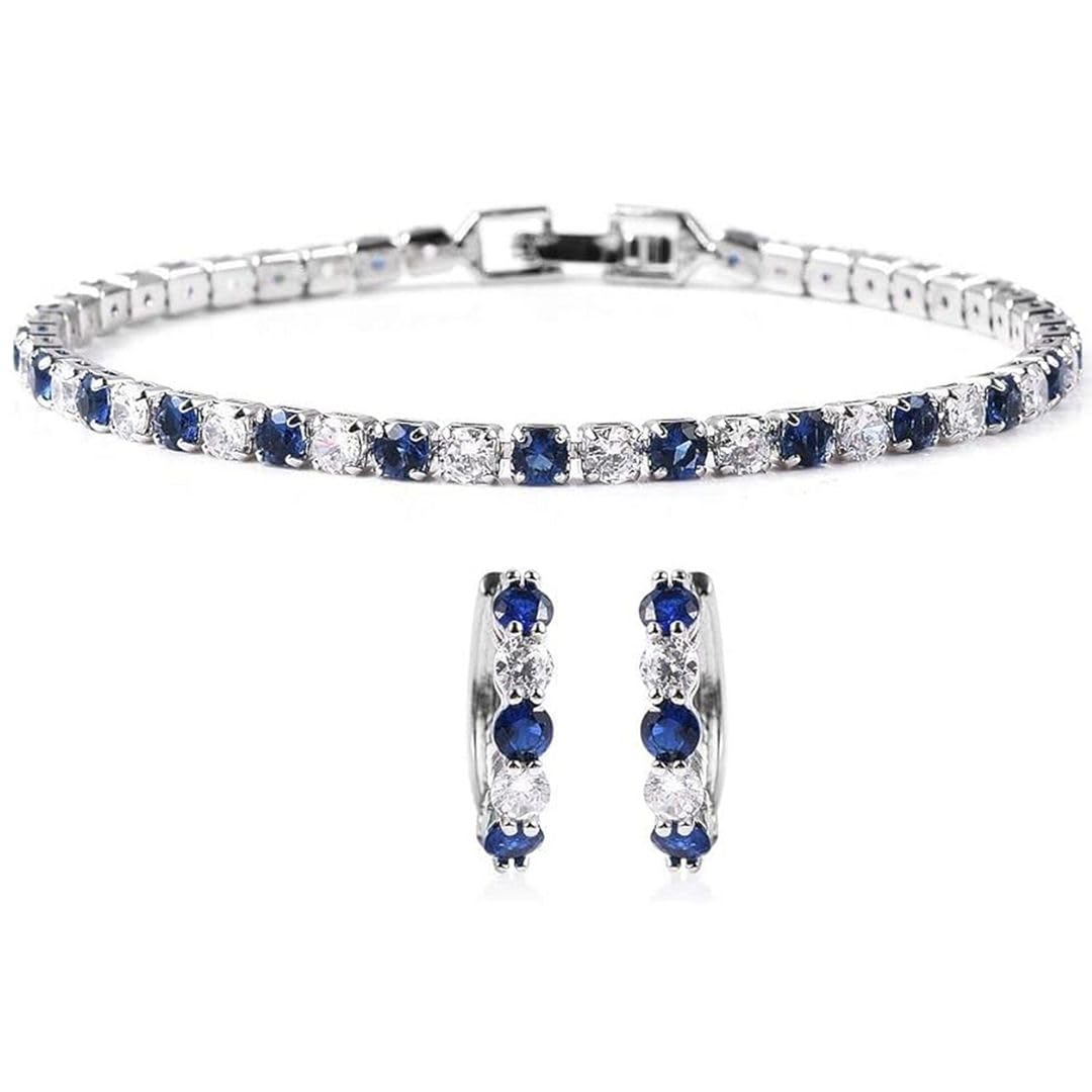 CZ Tennis Bracelets for Women & Cubic Zirconia Earrings Set - Lab Created Blue Sapphire Cubic Zirconia Bracelet & Hoop Earrings - Costume Jewelry Sets for Women Christmas Gifts Size 7"