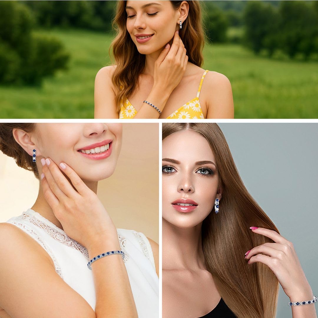 CZ Tennis Bracelets for Women & Cubic Zirconia Earrings Set - Lab Created Blue Sapphire Cubic Zirconia Bracelet & Hoop Earrings - Costume Jewelry Sets for Women Christmas Gifts Size 7" - Image 2