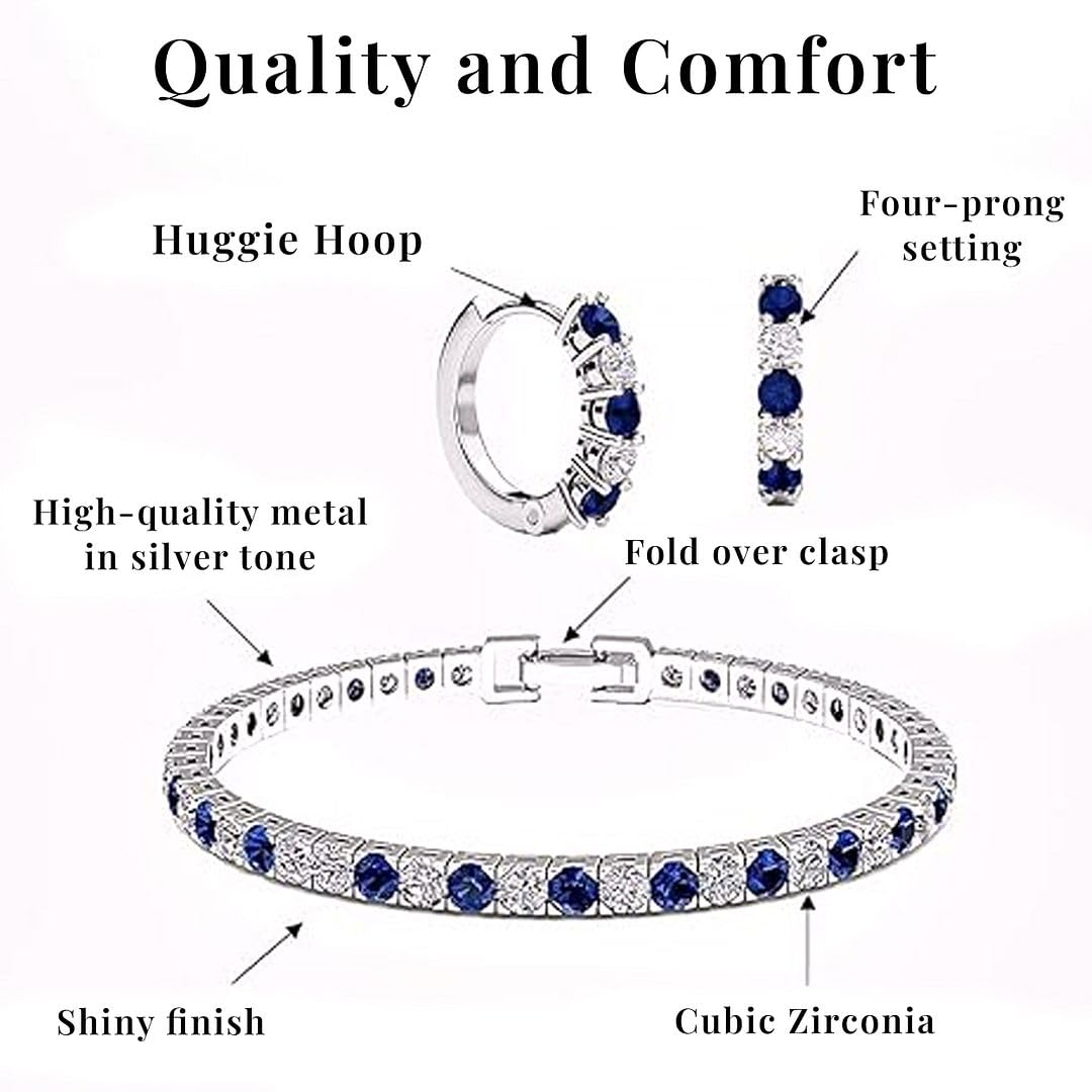 CZ Tennis Bracelets for Women & Cubic Zirconia Earrings Set - Lab Created Blue Sapphire Cubic Zirconia Bracelet & Hoop Earrings - Costume Jewelry Sets for Women Christmas Gifts Size 7" - Image 3
