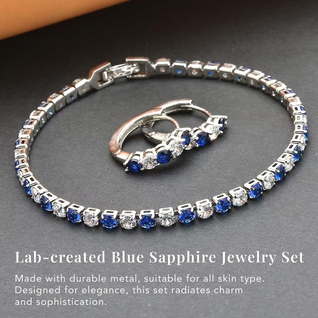 CZ Tennis Bracelets for Women & Cubic Zirconia Earrings Set - Lab Created Blue Sapphire Cubic Zirconia Bracelet & Hoop Earrings - Costume Jewelry Sets for Women Christmas Gifts Size 7" - Image 4