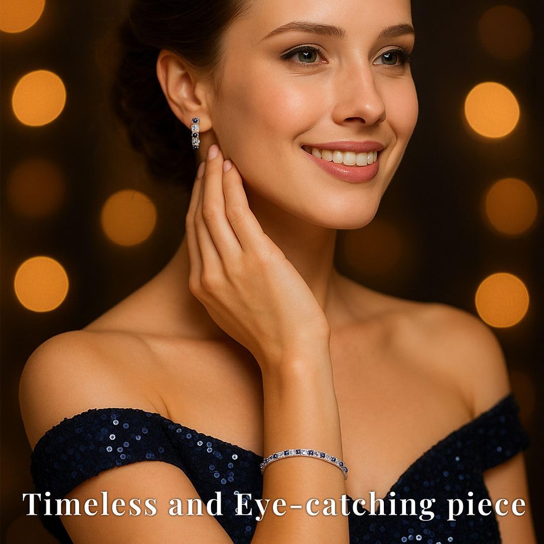 CZ Tennis Bracelets for Women & Cubic Zirconia Earrings Set - Lab Created Blue Sapphire Cubic Zirconia Bracelet & Hoop Earrings - Costume Jewelry Sets for Women Christmas Gifts Size 7" - Image 6