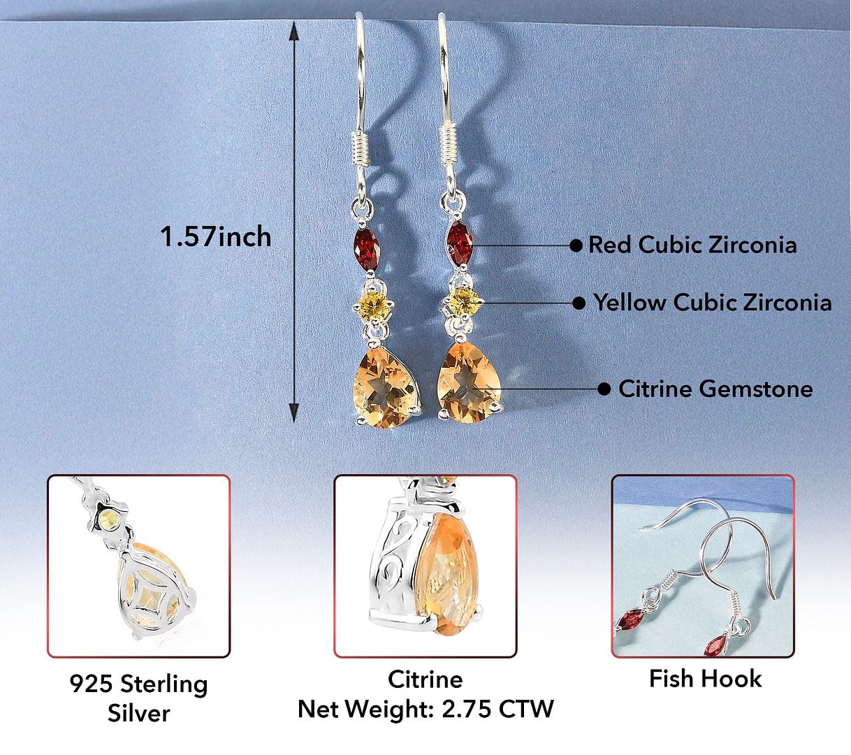 CZ & Yellow Citrine Earrings for Women 925 Sterling Silver - Dangle Earrings for Women Dangling Drop Cubic Zirconia Jewelry Birthday Christmas Gifts for Womens - Image 3