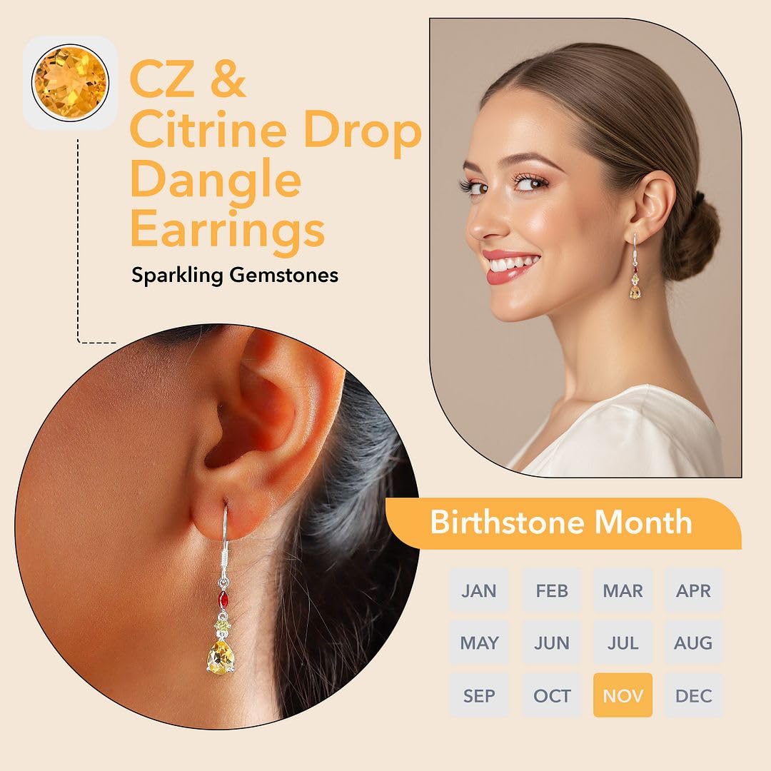 CZ & Yellow Citrine Earrings for Women 925 Sterling Silver - Dangle Earrings for Women Dangling Drop Cubic Zirconia Jewelry Birthday Christmas Gifts for Womens - Image 5