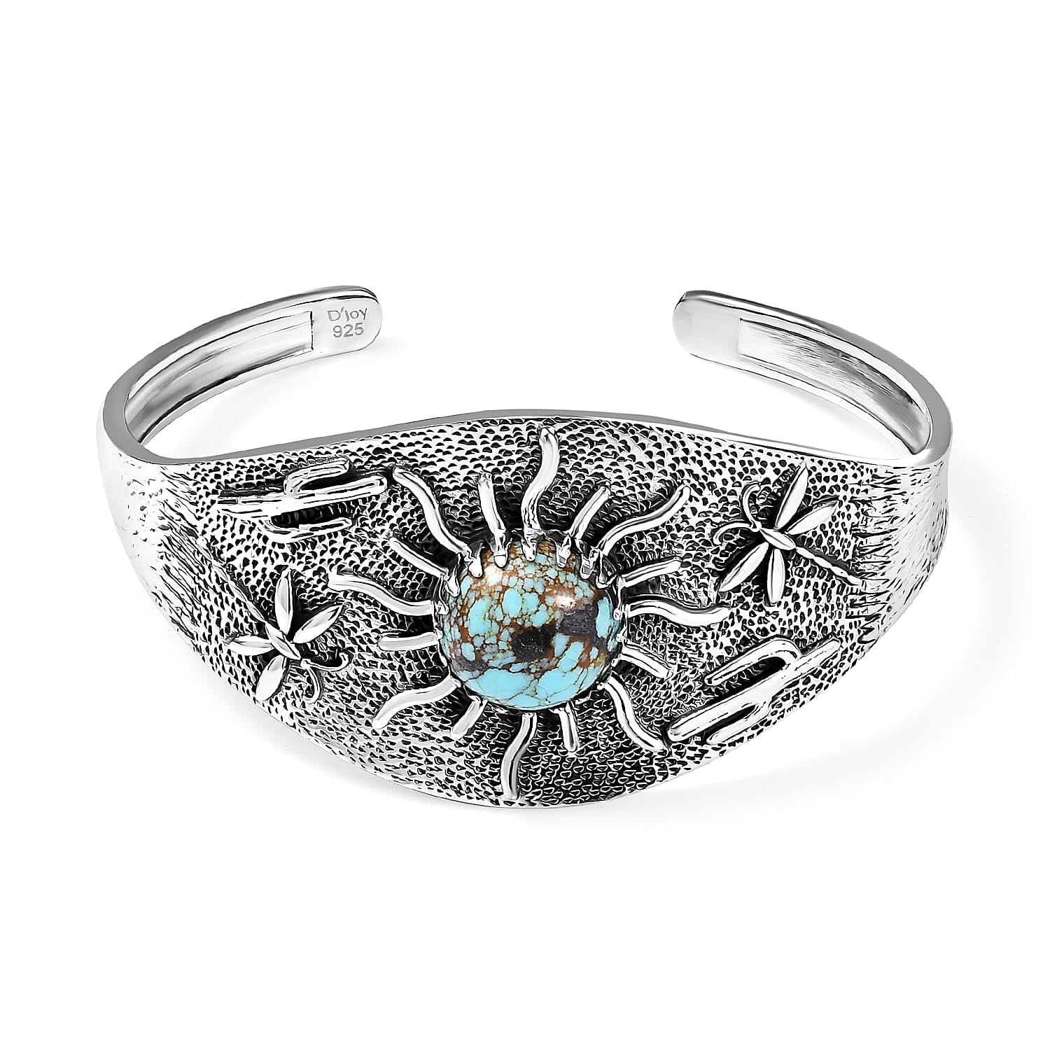 D'Joy Artisan Crafted Blue Moon Turquoise 8.25 ctw Cactus Dragonfly and Sunflower Cuff Bracelet in Black Oxidized Sterling Silver 7.25 In Christmas Gifts