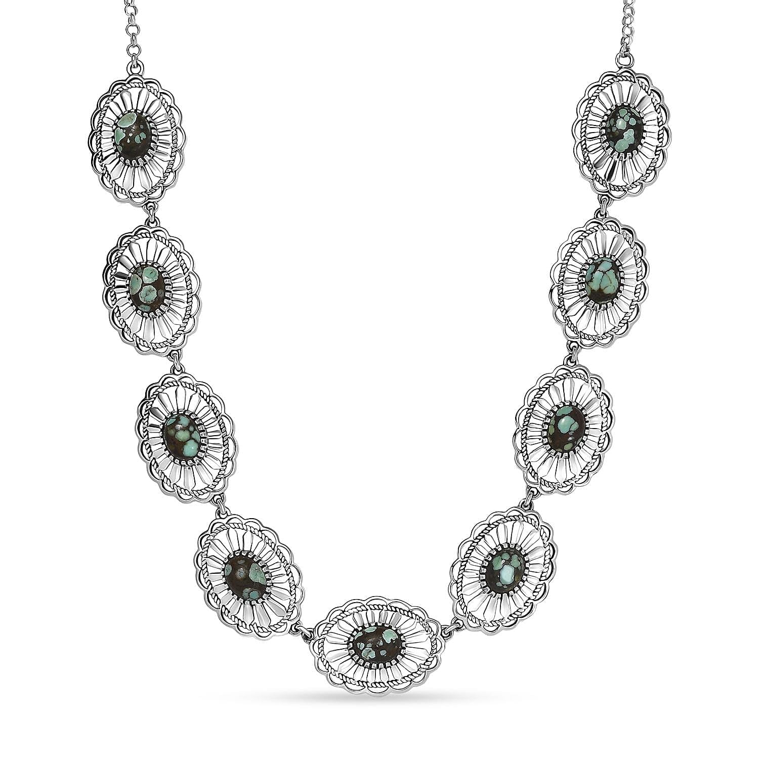 D'Joy Artisan Crafted Whispering Web Turquoise 10.75 ctw Concho Necklace 18 Inches in Sterling Silver Christmas Gifts
