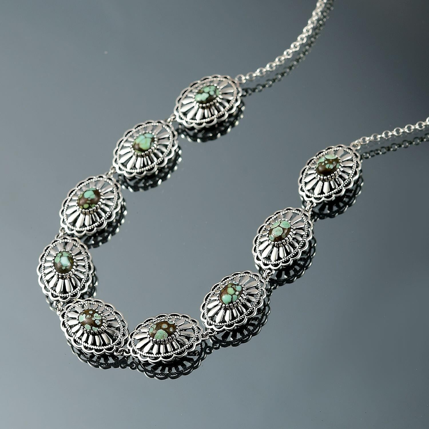 D'Joy Artisan Crafted Whispering Web Turquoise 10.75 ctw Concho Necklace 18 Inches in Sterling Silver Christmas Gifts - Image 2