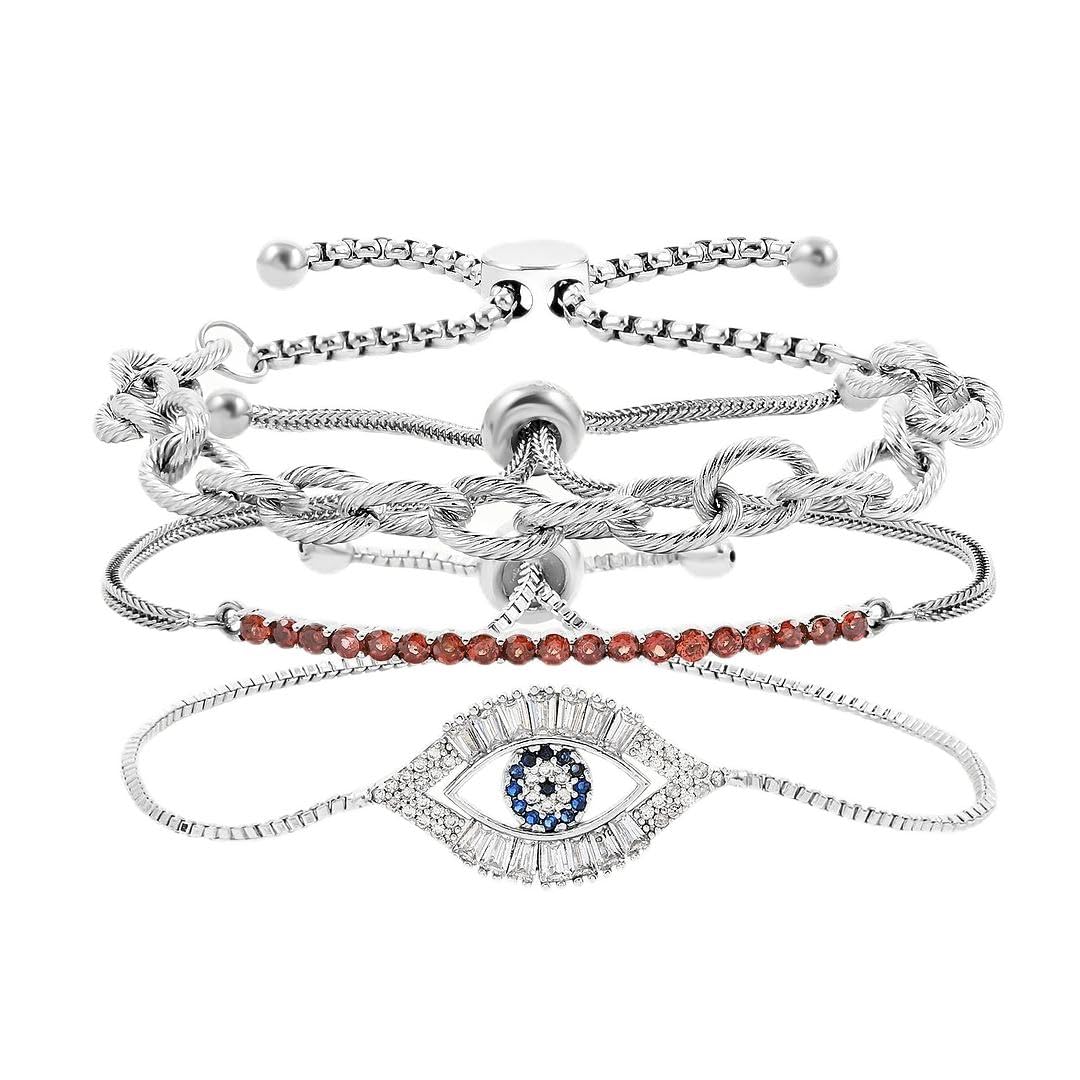 Evil Eye Bracelets for Women - Adjustable Charm Bracelet Set of 3 Stainless Steel Bracelets for Women - Bolo Chain Evil Eye Jewelry Garnet Layered Cute Men Birthday Christmas Gifts