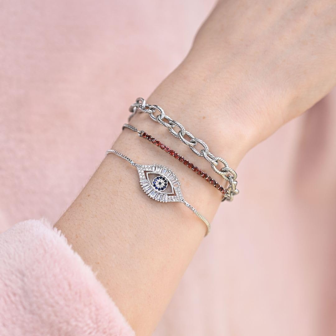 Evil Eye Bracelets for Women - Adjustable Charm Bracelet Set of 3 Stainless Steel Bracelets for Women - Bolo Chain Evil Eye Jewelry Garnet Layered Cute Men Birthday Christmas Gifts - Image 3