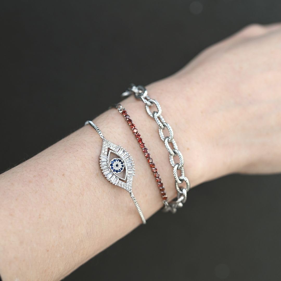 Evil Eye Bracelets for Women - Adjustable Charm Bracelet Set of 3 Stainless Steel Bracelets for Women - Bolo Chain Evil Eye Jewelry Garnet Layered Cute Men Birthday Christmas Gifts - Image 4