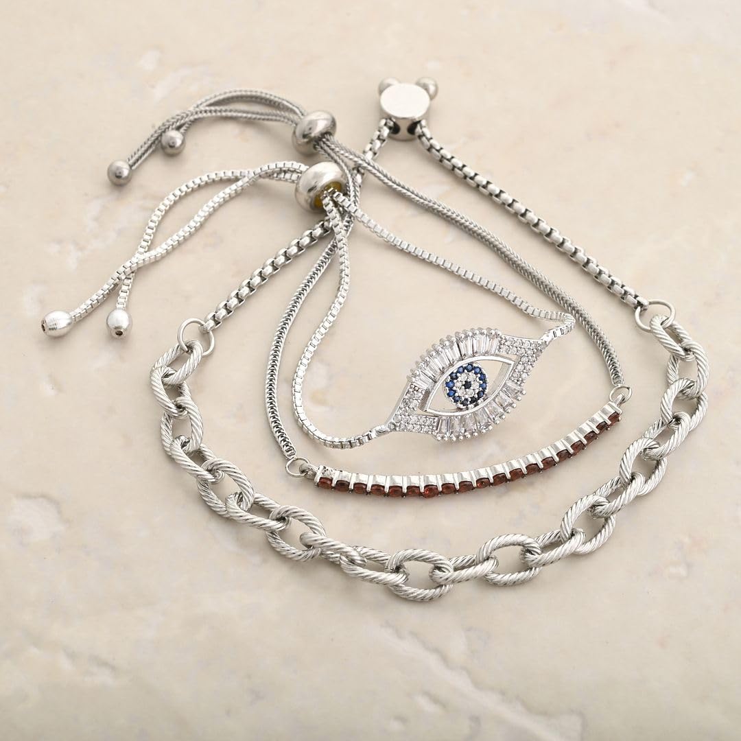 Evil Eye Bracelets for Women - Adjustable Charm Bracelet Set of 3 Stainless Steel Bracelets for Women - Bolo Chain Evil Eye Jewelry Garnet Layered Cute Men Birthday Christmas Gifts - Image 6