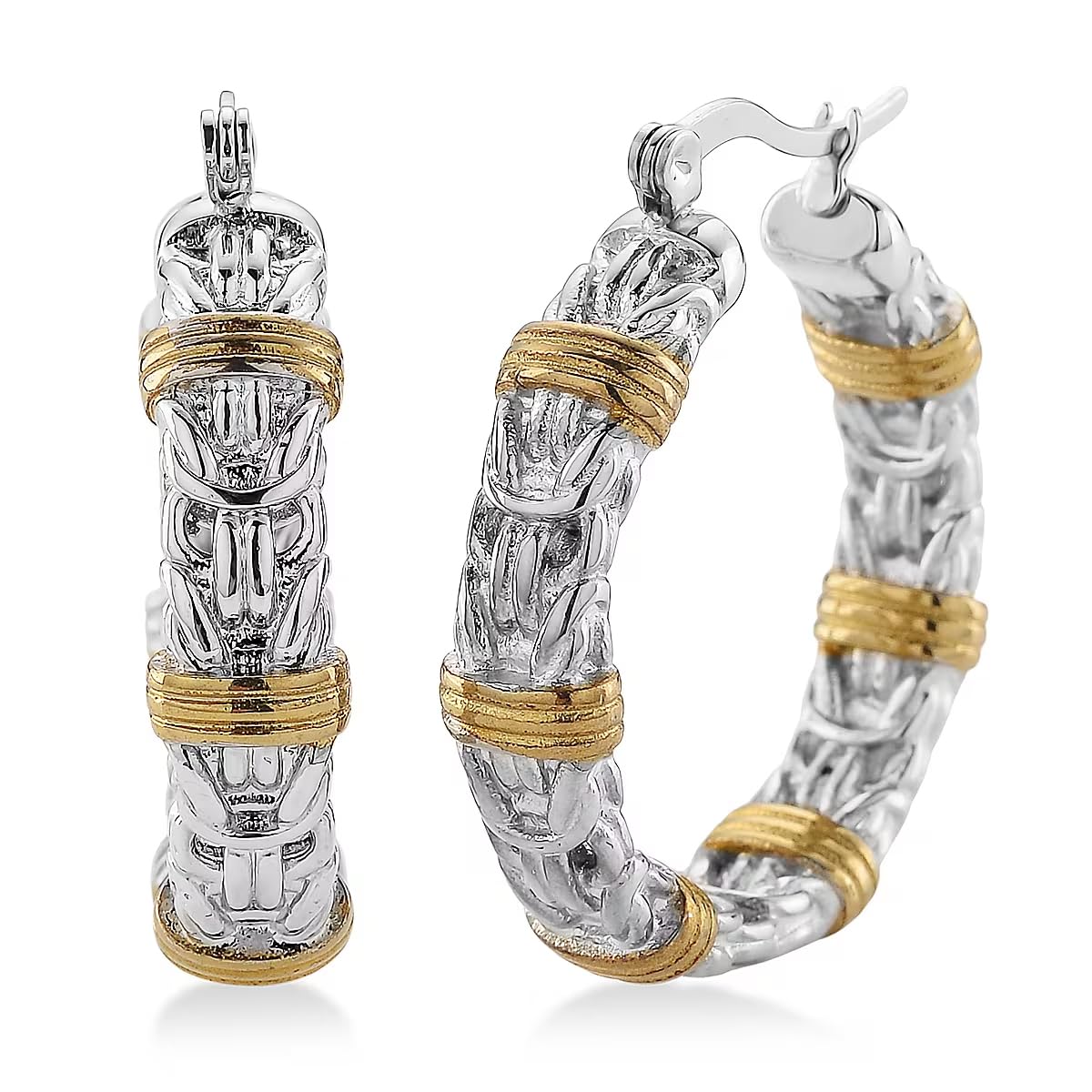 Fashionable TwoTone Byzantine Hoop Earrings in ION Plated Yellow Gold and Stainless Steel Christmas Gifts