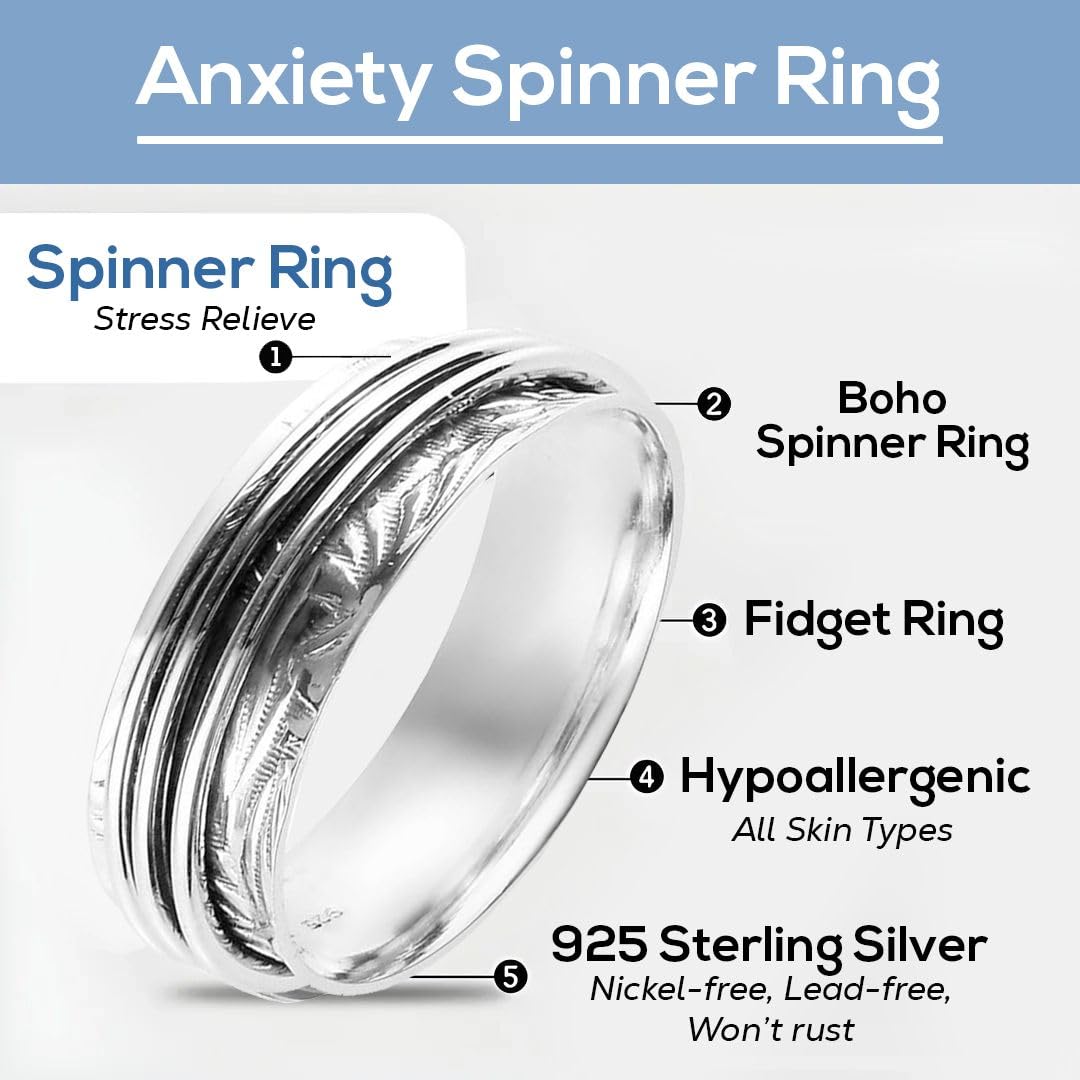 Fidget Ring Women - Anxiety Rings for Women in 925 Sterling Silver - Floral Fashion Cute Spinner Summer Boho Jewelry - Oxidized Thumb Band Worry Stress Relief - Gifts for Womens - Image 5